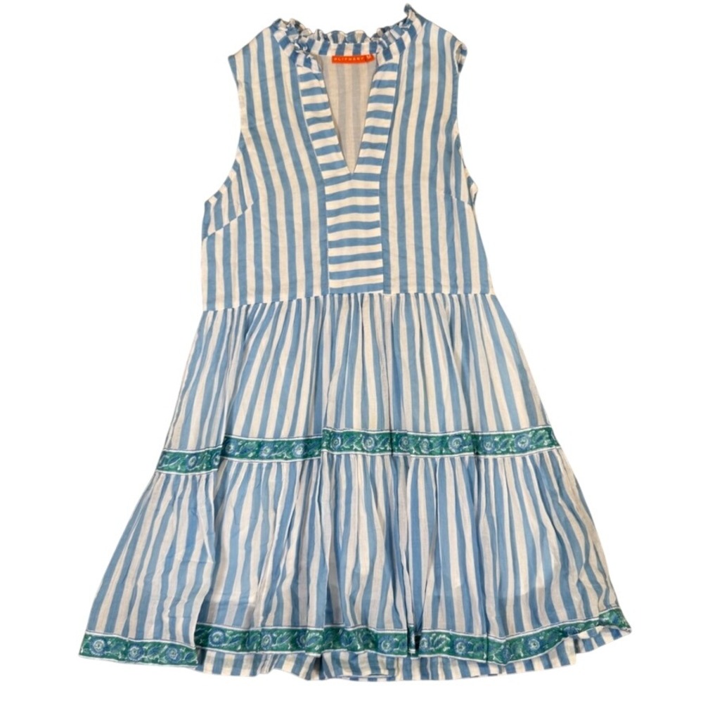 Oliphant Blue White Striped Tiered Cotton Mini Dress Ruffle V-Neck Medium